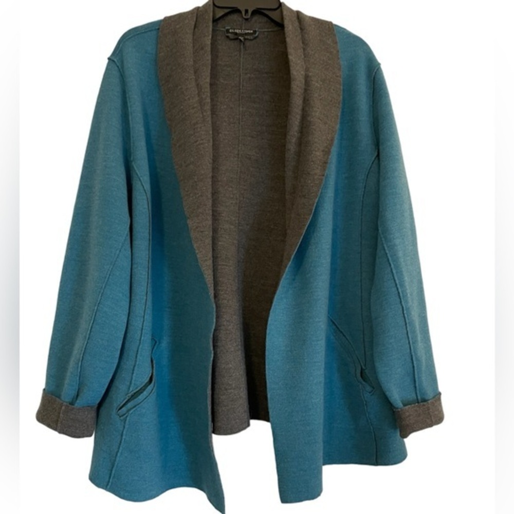 Eileen Fisher Woman Merino Wool Teal and Gray Cardigan / Coat, Size 2X